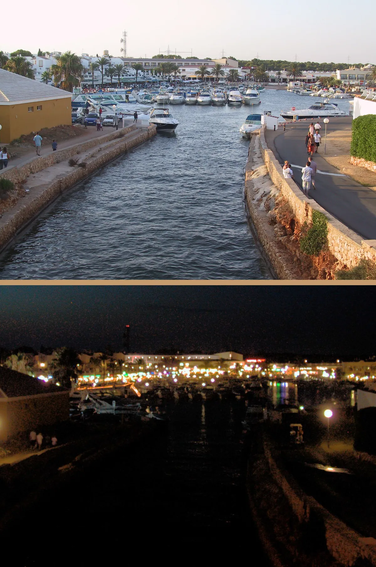 Cala'n Bosch harbour in west Menorca by day and by night, the golden-hour finish to west-coast boat trips